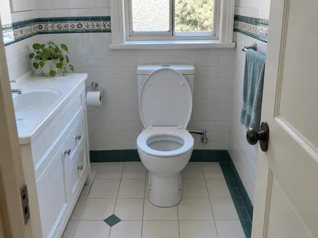 Clean white toilet in a tiled bathroom with vanity, window and towel rail in Normanhurst