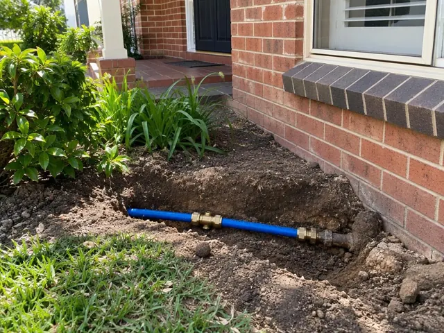 Exposed blue water pipe repair in a trench beside a brick house wall and garden in Thornleigh